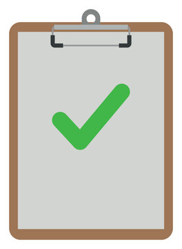 Brown clipboard with large green check mark icon.