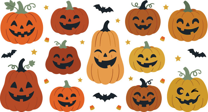 Cute Halloween Pumpkin Collection Featuring Smiling Jack O Lanterns Bats Candy Corn and Spooky Autumn Cartoon Characters