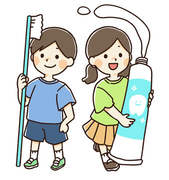 歯磨き粉と歯ブラシを持った子供たちのイラスト