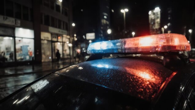 Night scene with flashing blue and red lights atop a wet police vehicle in city