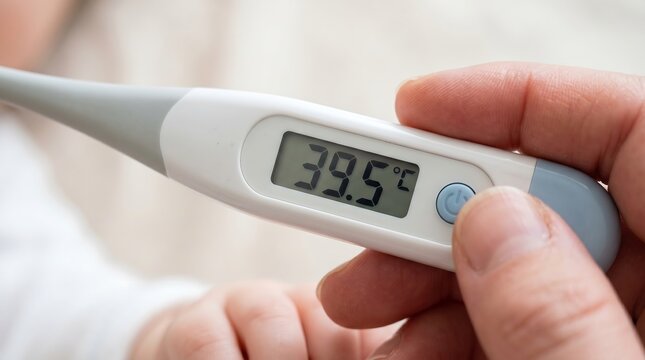 Close-up of a person holding a digital thermometer displaying a high temperature of 39
