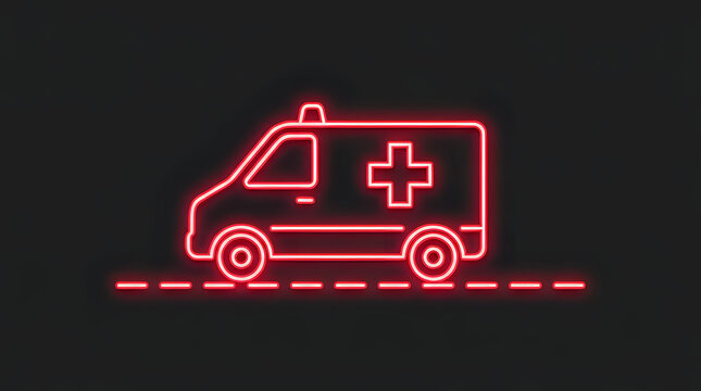 Red neon emergency ambulance vehicle icon isolated on dark background with ambulance, emergency