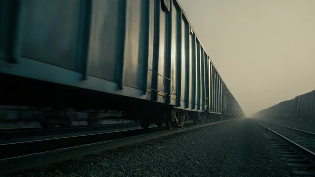 Long commercial freight train hauling goods quickly along parallel railroad tracks on a hazy industrial day, representing global transportation and logistics