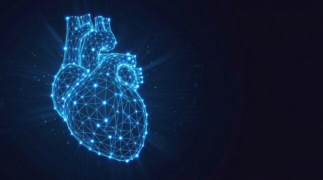Human heart anatomy rendered as a 3D digital wireframe model. Glowing blue scientific illustration of an organ for medical research and cardiology diagnostics. Future healthcare technology.