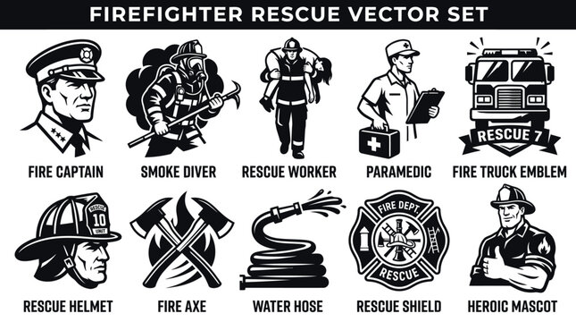 Firefighter Rescue Team and Emergency Service Character Icons Set