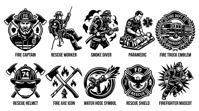Fire Department Emergency Rescue and Brave Fireman Badges Set