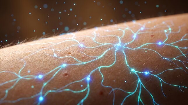 Close-up illustration of human skin showing a network of glowing blue neurons and nerve impulses representing neurological activity and brain signals.