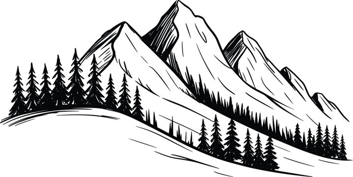 Majestic mountain landscape sketch, hand drawn alpine peaks with pine forest vector illustration for nature themes