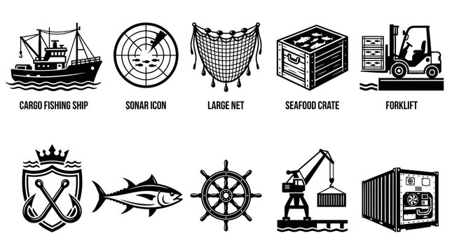 Commercial Cargo Fishing Ship and Seafood Logistics Icons Set