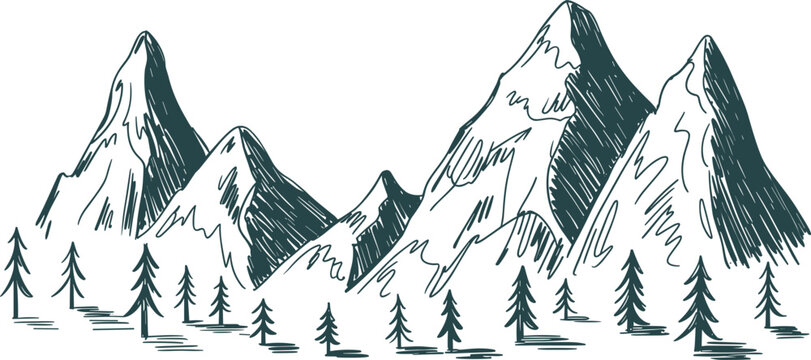 Hand drawn mountain range illustration, majestic alpine peaks with pine trees vector design for nature themes