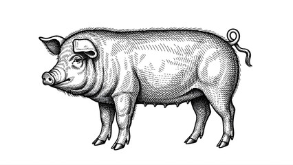 Fototapeta premium Pig Animal Line Art Engraved Farm Livestock Illustration on White