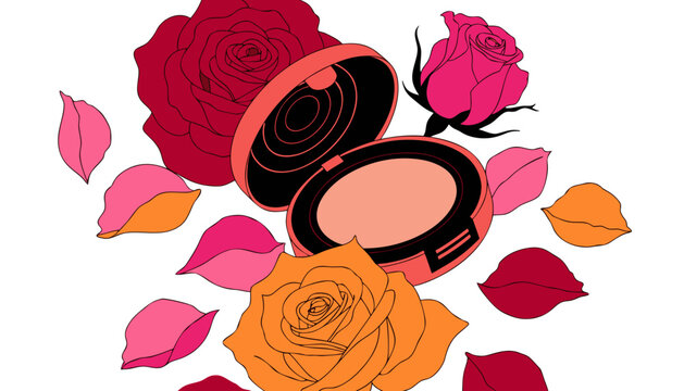 Very beautiful luxury compact powder case surrounded by prominent vibrant blooming roses and richly colored rose petals, featuring refined cosmetic styling, feminine sophistication, premium beauty aes