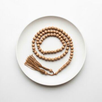 Coiled brown wooden prayer beads tasbih with a silk tassel placed on a round white ceramic plate, isolated on a white background, minimalist top-down view for spiritual meditation.