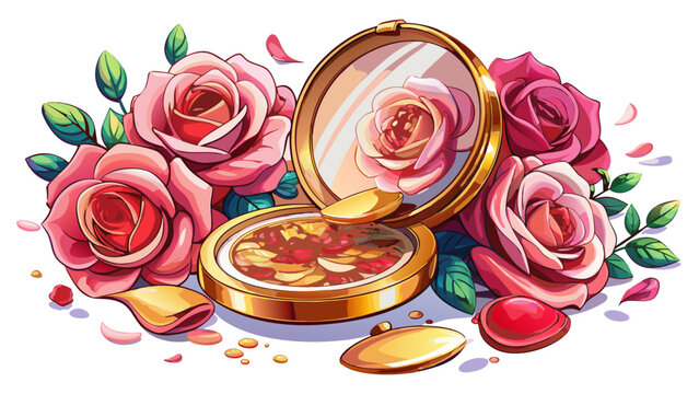 Very beautiful luxury compact powder case surrounded by prominent vibrant blooming roses and richly colored rose petals, featuring refined cosmetic styling, feminine sophistication, premium beauty aes