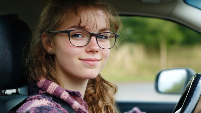 Young woman with glasses smiling confidently in a car as a learner driver.