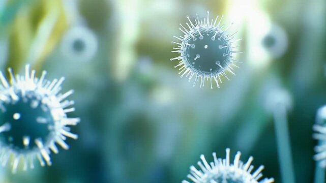 Microscopic viral cells appearing in blue and white colors, floating in a biological environment, illustrating science, medical research, and microbiology concepts of infection and pathogens