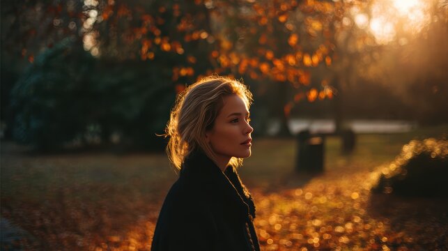 Young widow walking in quiet park at sunset with thoughtful expression, autumn leaves symbolizing change and healing, perfect for coping with sudden loss and personal growth concept.