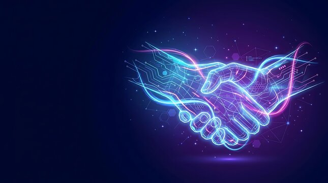 Digital handshake symbolizing partnership and trust with glowing technology lines on dark background.
