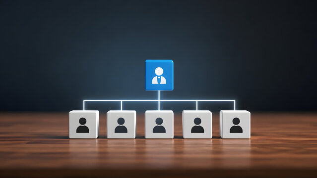 Organizational Structure Corporate Hierarchy and Human Resources Concept with Blue Leader Block Connected to Subordinate Workers Team Management Network Cooperation System Authority Placement Planning