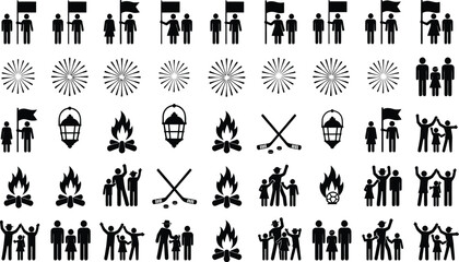 Obraz premium Father's Day celebration vector silhouette icons set, minimalist father and child bonding illustrations, isolated black family graphics for generic cards and posters on white background