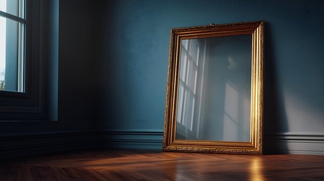 An elegant golden frame stands empty against a dark blue wall, softly illuminated by natural light from a nearby window, inviting thoughts of reflection.