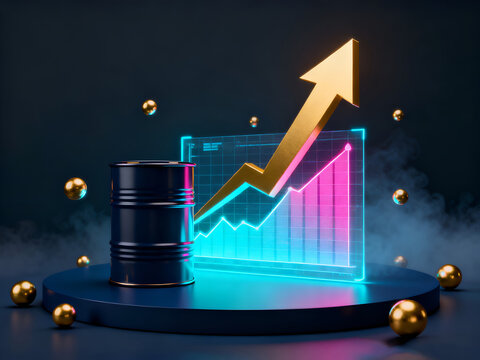 A black crude oil barrel standing next to an upward financial growth chart with a golden arrow on dark professional abstract background.