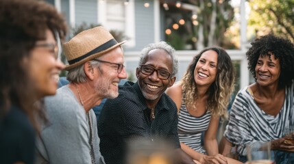 Fototapeta premium Group of diverse multi generational friends enjoying casual backyard barbecue laughing and sharing story. Genuine connection community bonding social gathering friendship celebration and togetherness.