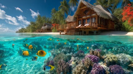 Obraz premium Split view of a tropical bungalow above water and a vibrant coral reef below. Wooden stilt house with a thatched roof overlooking clear turquoise water and palm trees on a white sand beach.