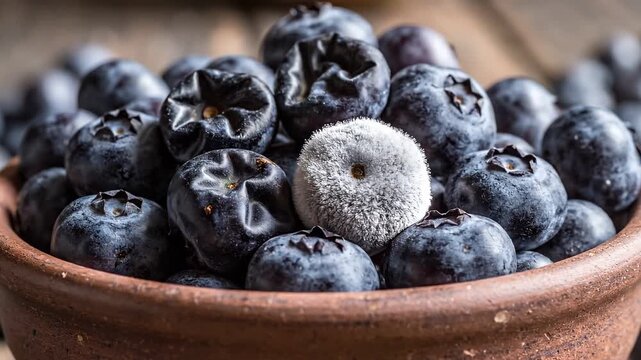 Close-up of fresh blueberries in a clay bowl, highlighting their rich color and texture on a wooden surface