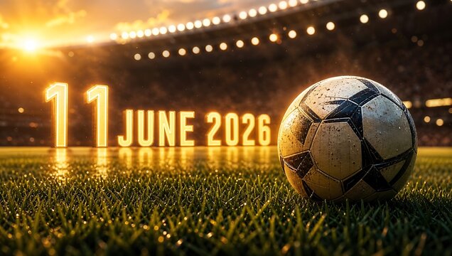 Soccer ball on green grass with blurred stadium bokeh background, football championship countdown concept with copy space