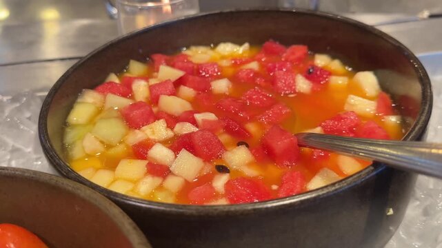 Video of fresh fruit cocktail, cherry tomatoes, cabbage and carrots arranged on a buffet table, showcasing healthy eating and nutrition.