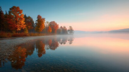 Fototapeta premium A tranquil, misty lake at dawn, with the calm water perfectly reflecting the brilliant colors of the autumn trees on the distant shore. A powerful image for serenity, meditation, and travel concept.