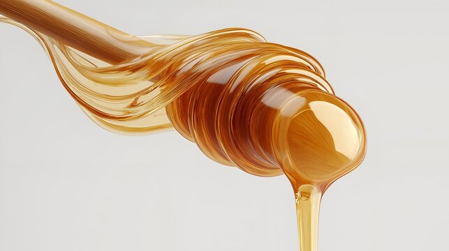 Close-up view of golden honey dripping from a wooden dipper. The smooth texture and rich color highlight its natural sweetness and versatility in cuisine.