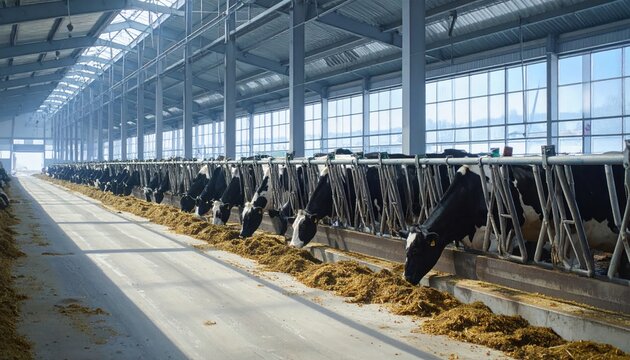 Modern Dairy Farm Barn Interior with Cows Eating Feed