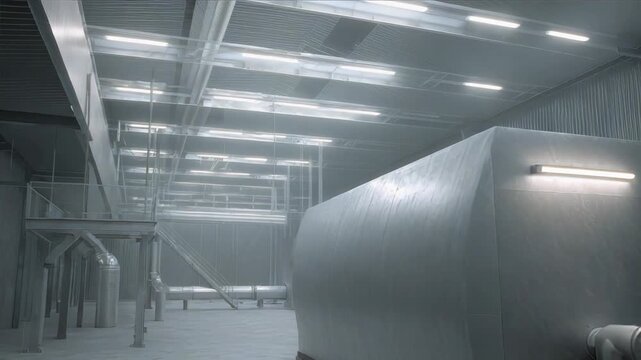 Large industrial machine located in an empty greyscale factory warehouse. Highlighting automation. Manufacturing. Processing. Storage. And modern industrial technology in a clean. Contemporary setting