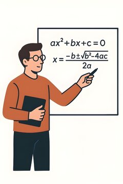 Male teacher or professor explaining quadratic formula on whiteboard in classroom university or high school cartoon illustration vector