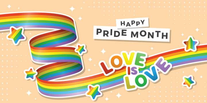 Happy pride month - Love is love text on long rainbow pride flag rolling with star around on soft yellow background vector design