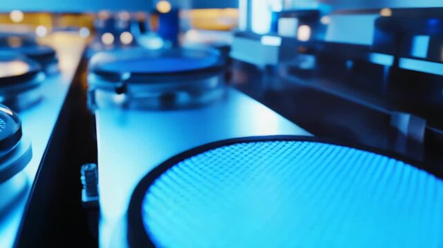 Silicon wafers travel along a production line in a high tech cleanroom, bathed in blue light, showcasing precision semiconductor manufacturing and advanced electronics processing