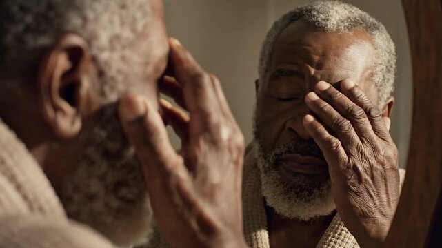 An elderly man with a gray beard looks thoughtfully at his reflection in the mirror, showing emotions of contemplation and introspection in a warmly