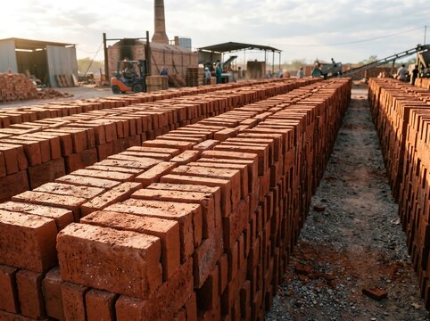 Stacks of red clay bricks on construction site outdoors in daytime