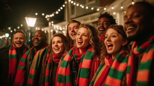 A diverse group friends, all wearing matching generic red and green striped scarves singing generic Christmas carols on a generic residential street corner. Holiday tradition and community outreach.