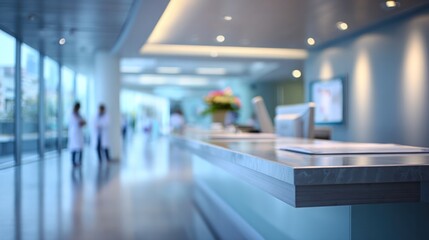 Fototapeta premium Modern Hospital Reception: A bright and airy hospital lobby with a sleek reception desk, leading into a long, illuminated corridor where healthcare professionals are visible in the distance.