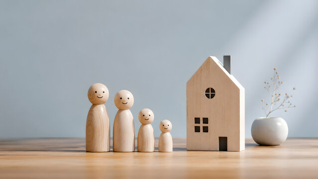 Wooden Family Figures Standing Next to Model House on Wooden Table, Real Estate and Property Investment Concept