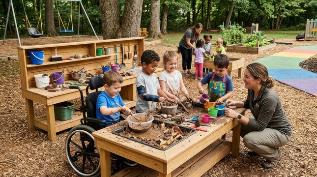 Children and Teacher Engaging in Outdoor Sensory Play at Preschool.