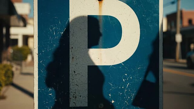 Silhouetted figures casting shadows on a parking sign under warm sunlight, creating a juxtaposition of urban life and signage