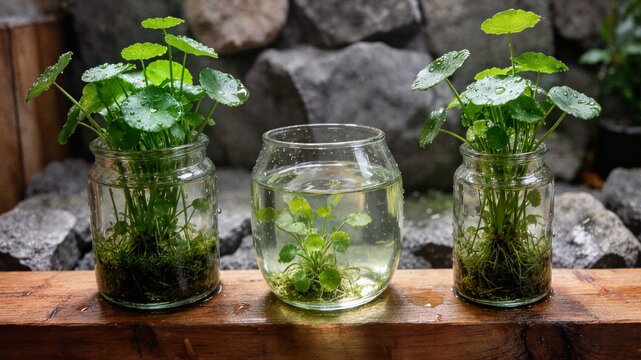 Hydroponic pennywort plants growing in glass jars on wooden board for interior decoration and sustainable home gardening style concepts