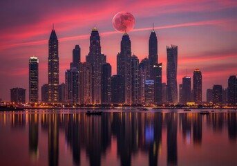 Fototapeta premium Modern city skyline with tall skyscrapers reflecting in calm water during a beautiful pink sunset sky