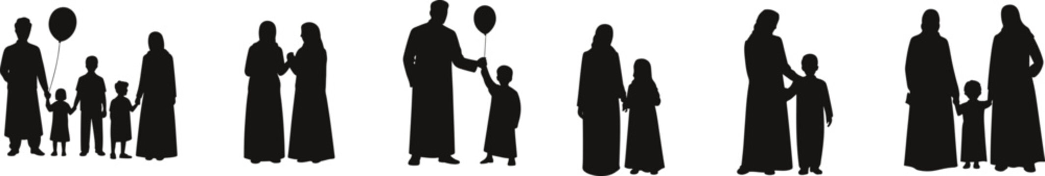 Minimalist Arab Family with Parents and Children Vector Silhouette Set, Modern Middle Eastern Family Bundle, Muslim Parents, Children, and Traditional Garment Graphics, vector, illustration.