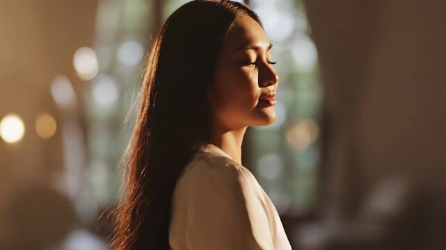 A young woman gently swaying while standing still, with her eyes closed, illuminated by soft, warm light creating an ethereal atmosphere
