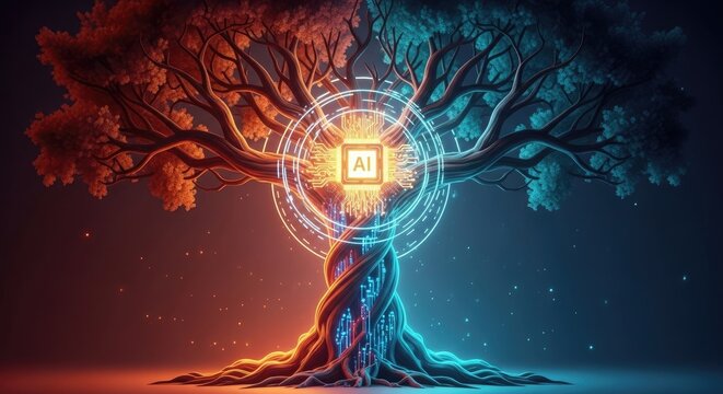 A tree with glowing neon roots and branches illuminated against a starry night sky with a bright AI logo